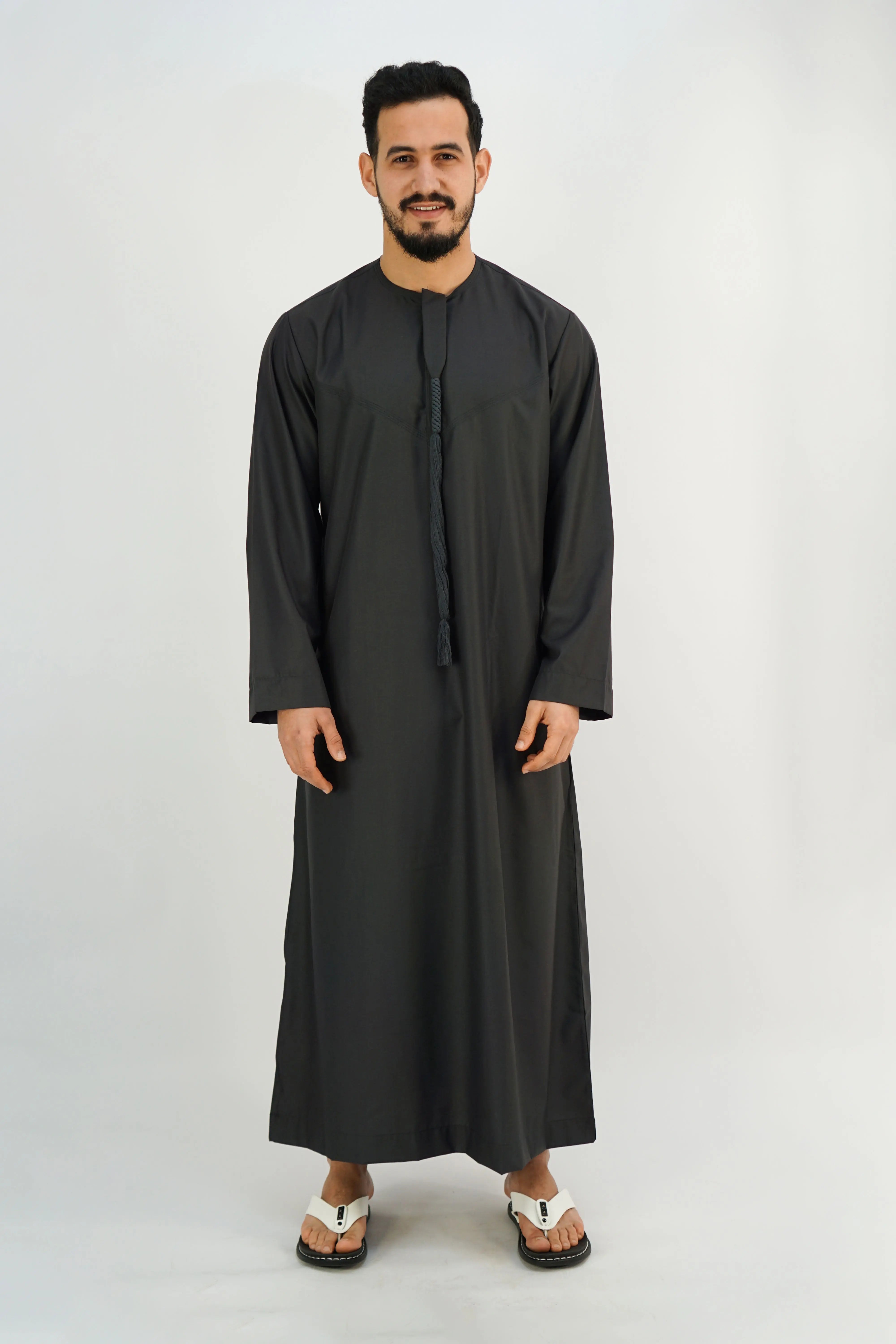 Emirati Dark Charcoal Thobe with Tassel – Premium Traditional Kandura ...