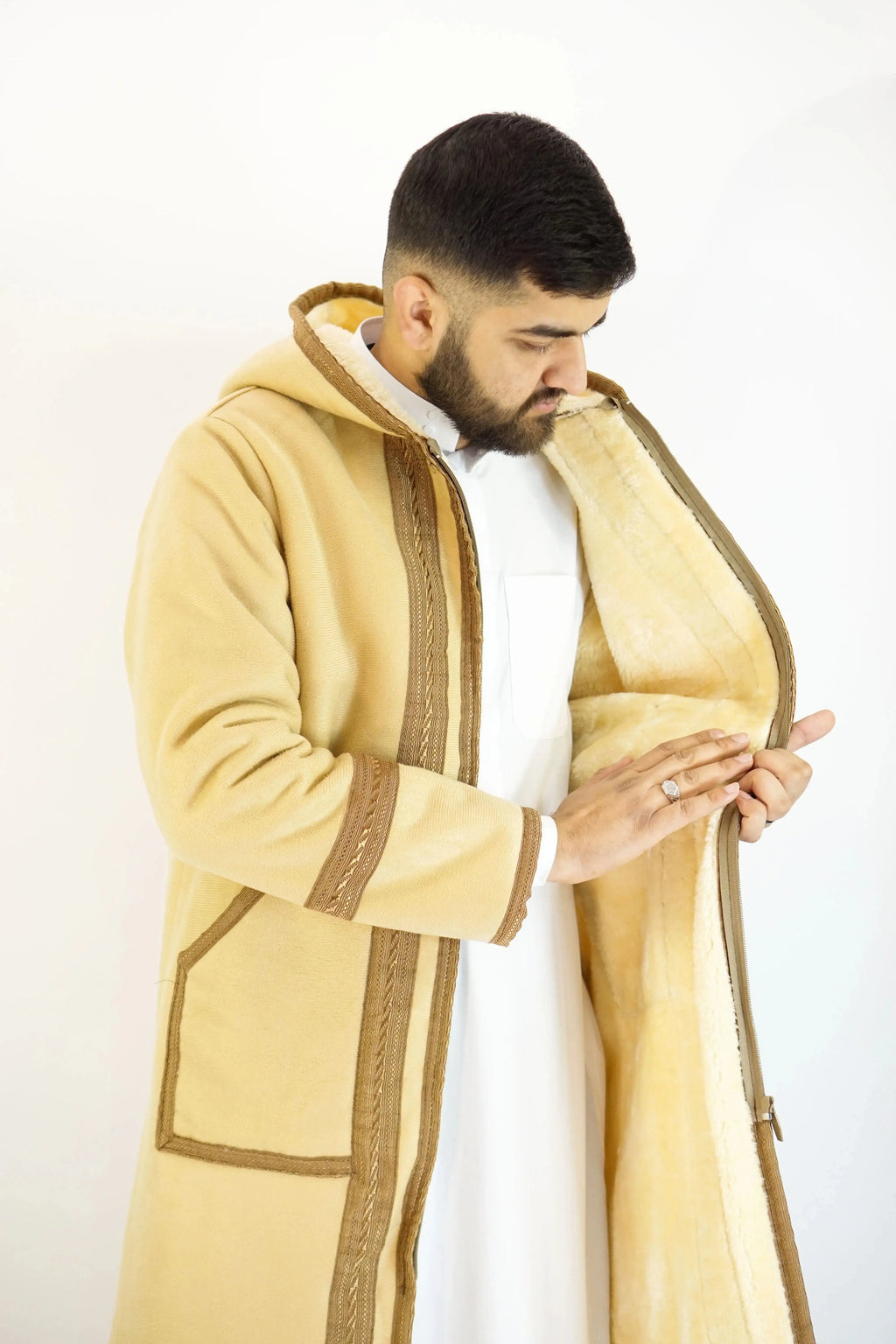 Moroccan Farwa Fur Long Coat Beige – Luxurious & Stylish Outerwear almanaar Islamic Store