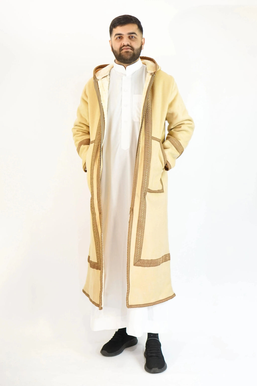 Moroccan Farwa Fur Long Coat Beige – Luxurious & Stylish Outerwear almanaar Islamic Store