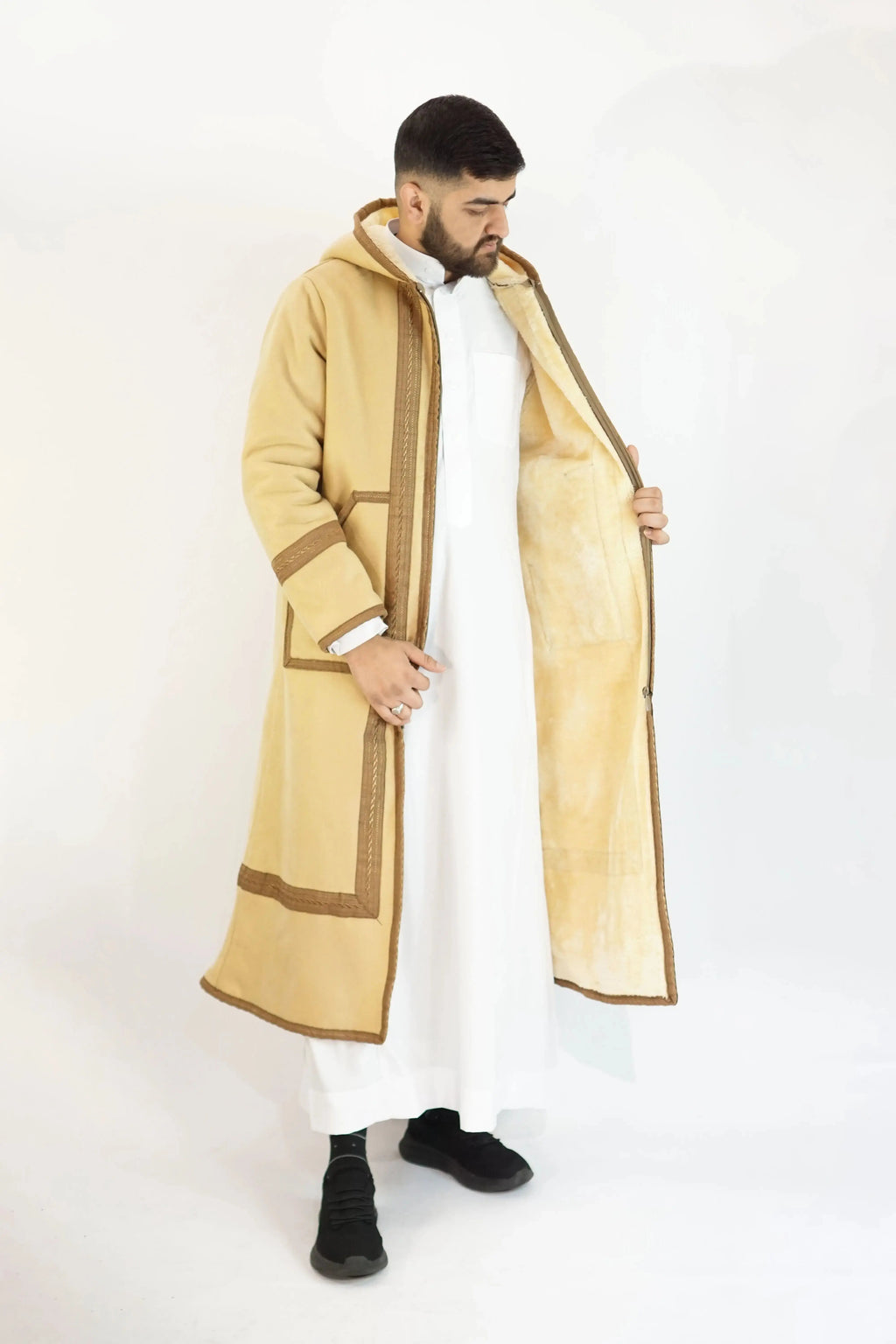 Moroccan Farwa Fur Long Coat Beige – Luxurious & Stylish Outerwear almanaar Islamic Store