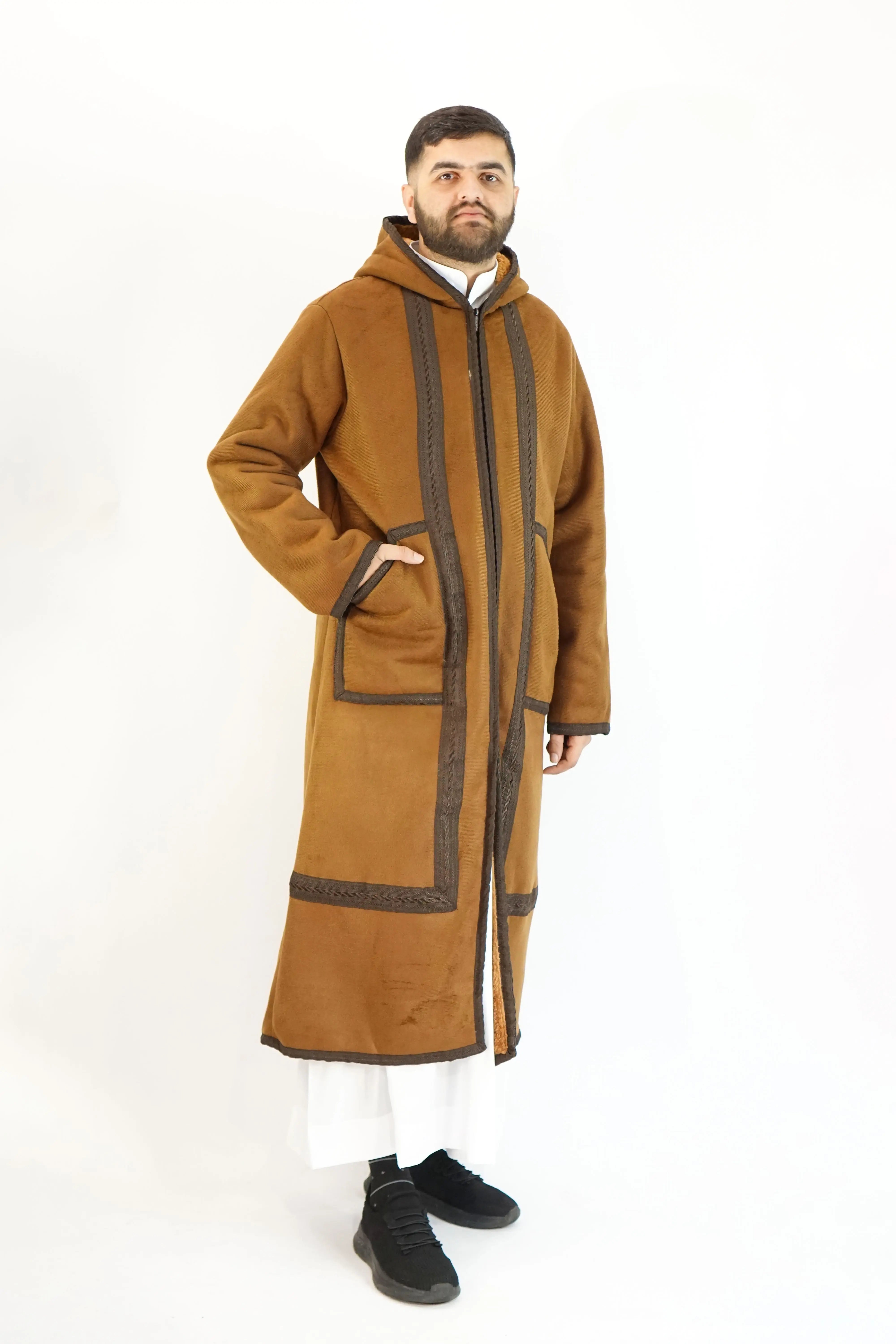 Moroccan Farwa Fur Long Coat Brown – Luxurious & Stylish Outerwear almanaar Islamic Store