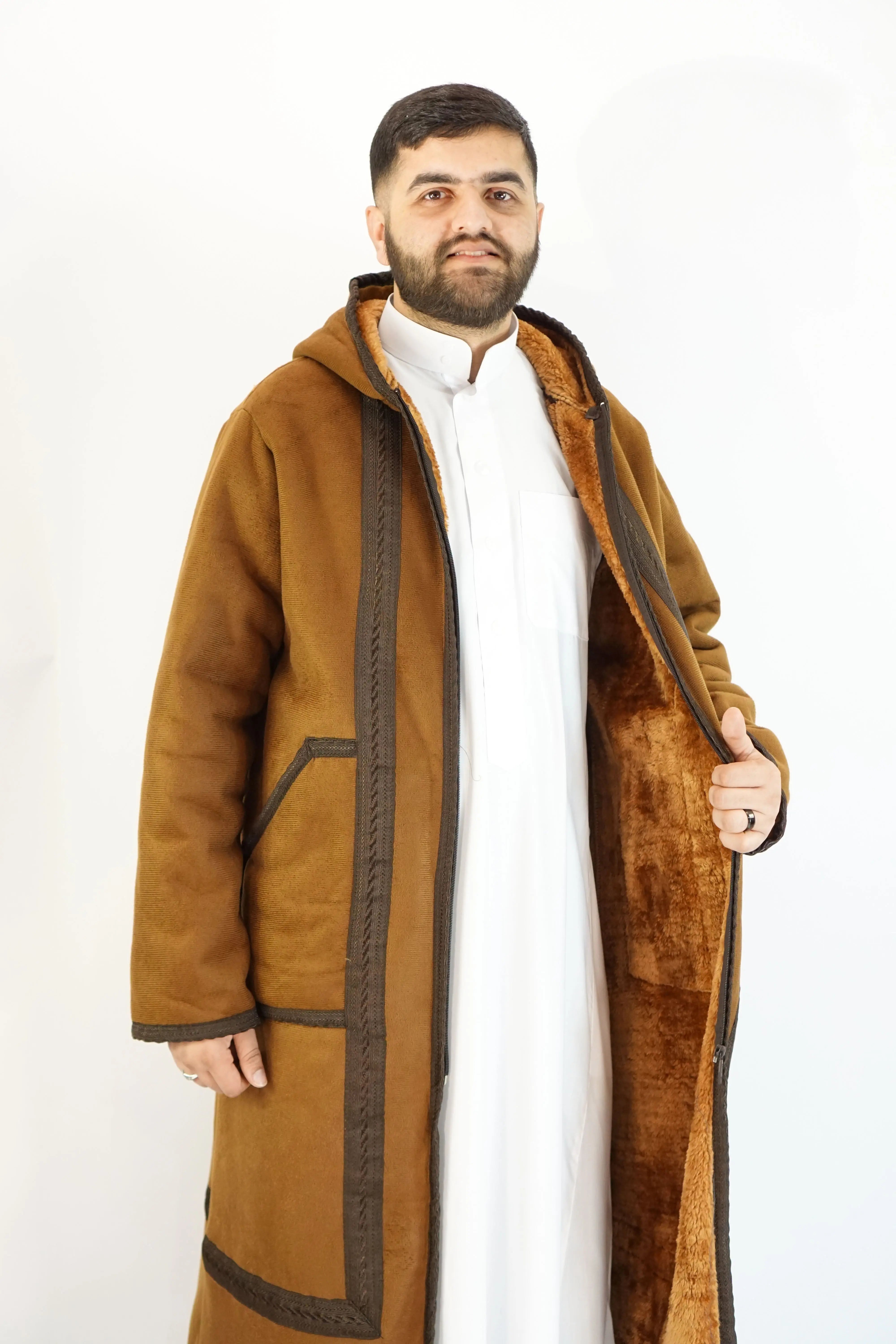 Moroccan Farwa Fur Long Coat Brown – Luxurious & Stylish Outerwear almanaar Islamic Store