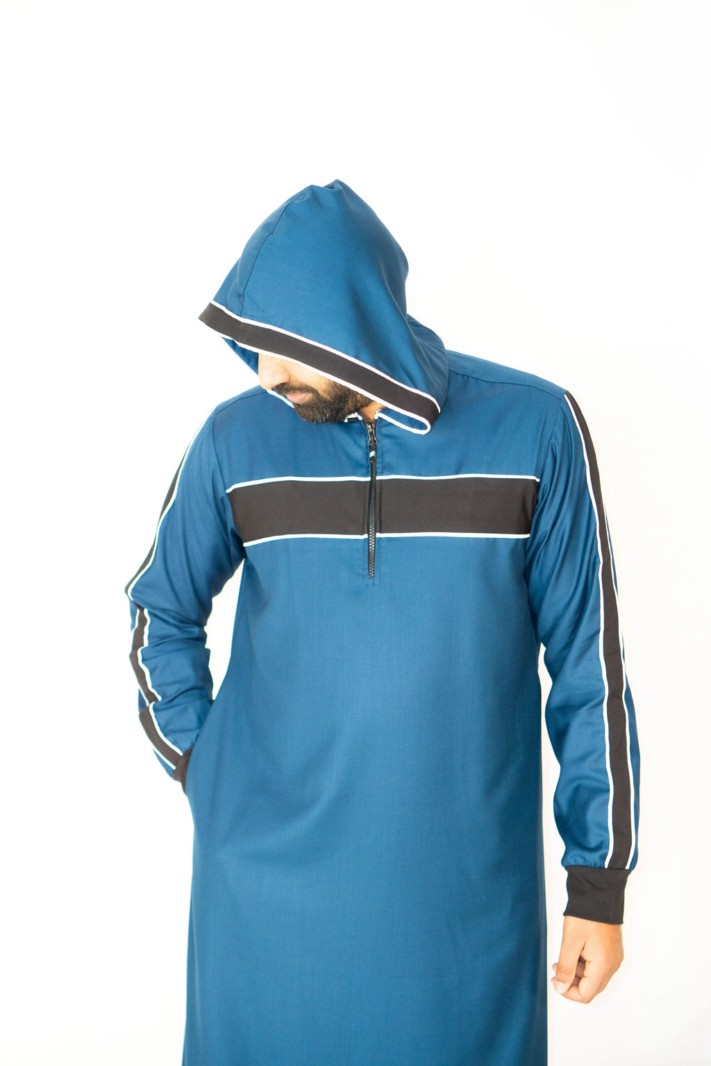 Sporty Hooded Thobe – Teal & Black Striped Design - almanaar Islamic Store