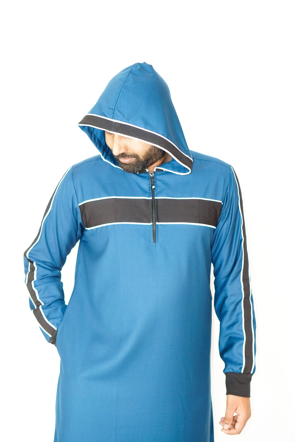 Sporty Hooded Thobe – Teal & Black Striped Design - almanaar Islamic Store