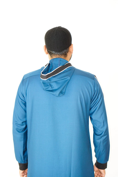 Sporty Hooded Thobe – Teal & Black Striped Design - almanaar Islamic Store