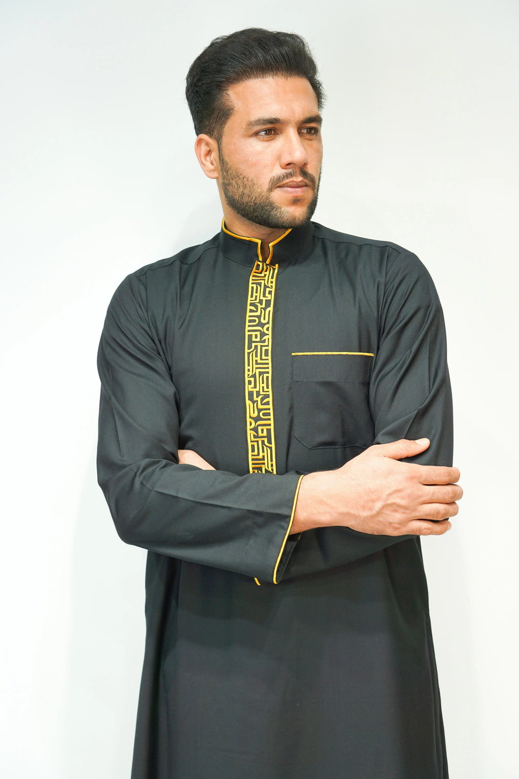 Black Luxury Designer Thobe With Collar - almanaar Islamic Store