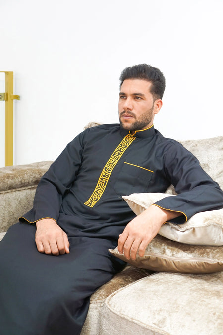 Black Luxury Designer Thobe With Collar - almanaar Islamic Store