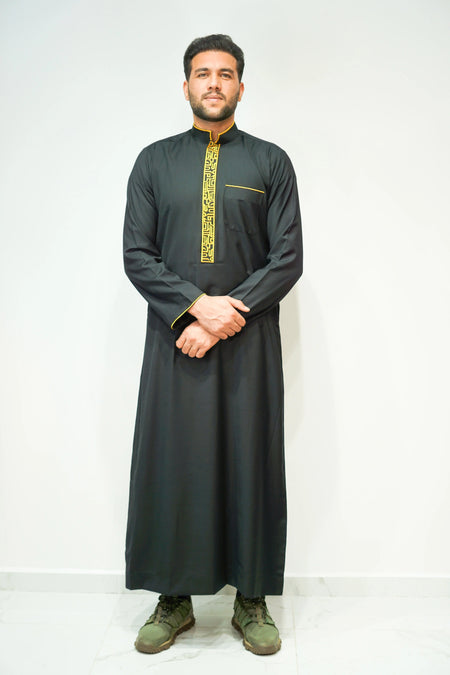 Black Luxury Designer Thobe With Collar - almanaar Islamic Store