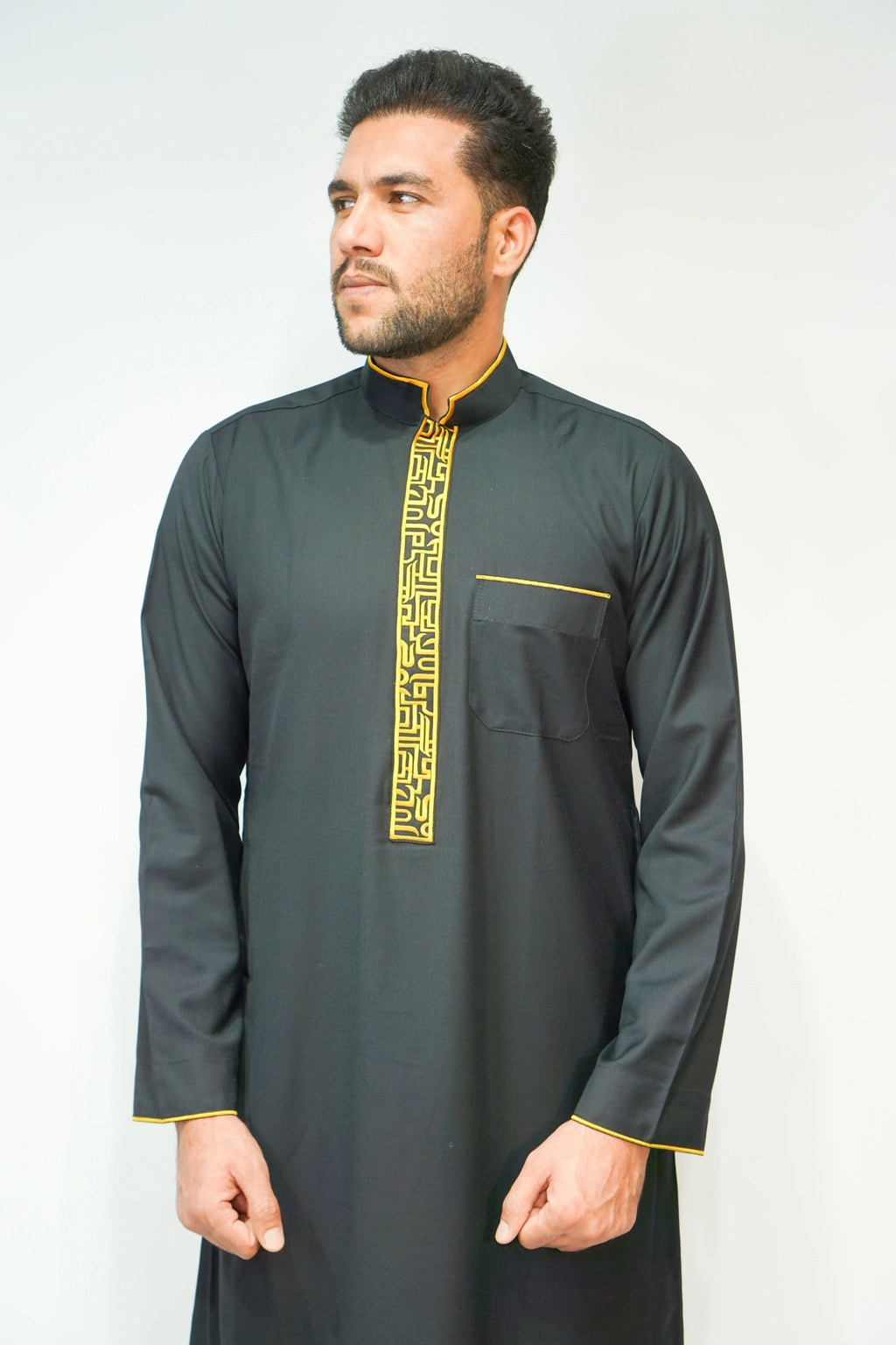 Black Luxury Designer Thobe With Collar - almanaar Islamic Store