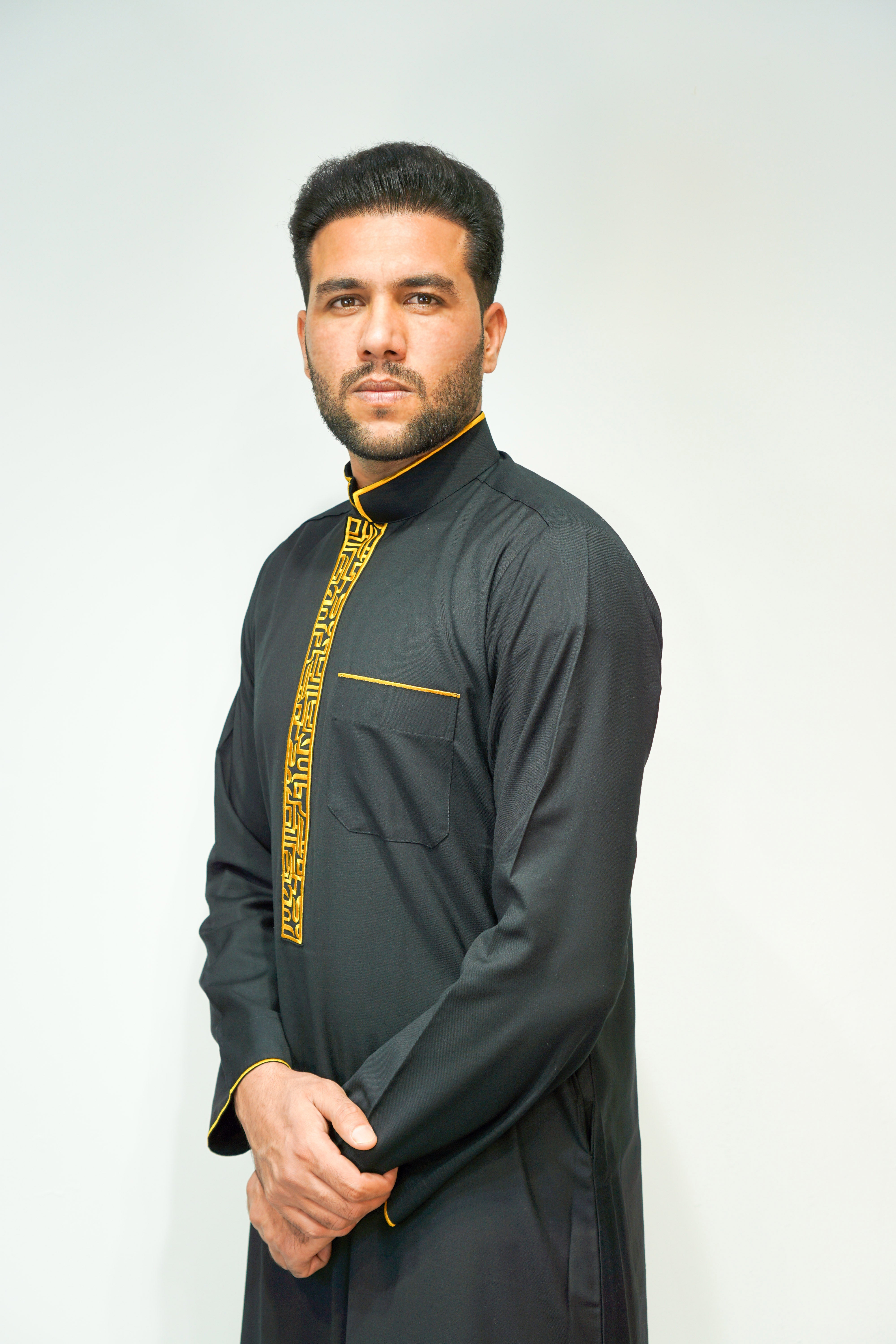 Black Luxury Designer Thobe With Collar - almanaar Islamic Store