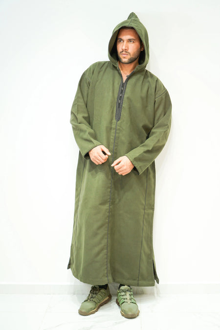 Olive Green Moroccan Woolen Hoodie Winter Thobe - almanaar Islamic Store