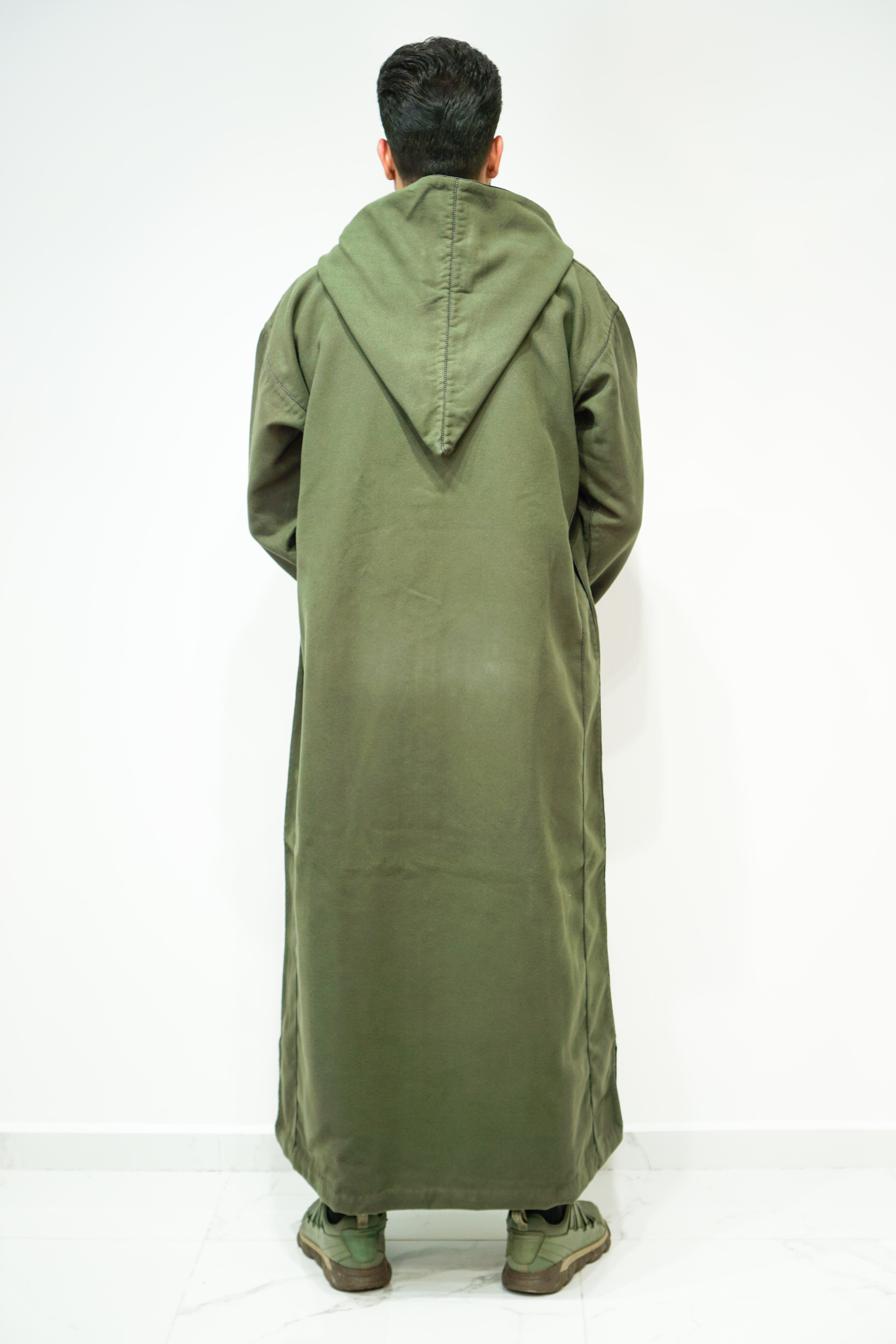 Olive Green Moroccan Woolen Hoodie Winter Thobe - almanaar Islamic Store