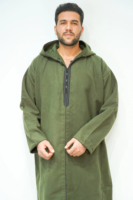 Olive Green Moroccan Woolen Hoodie Winter Thobe - almanaar Islamic Store