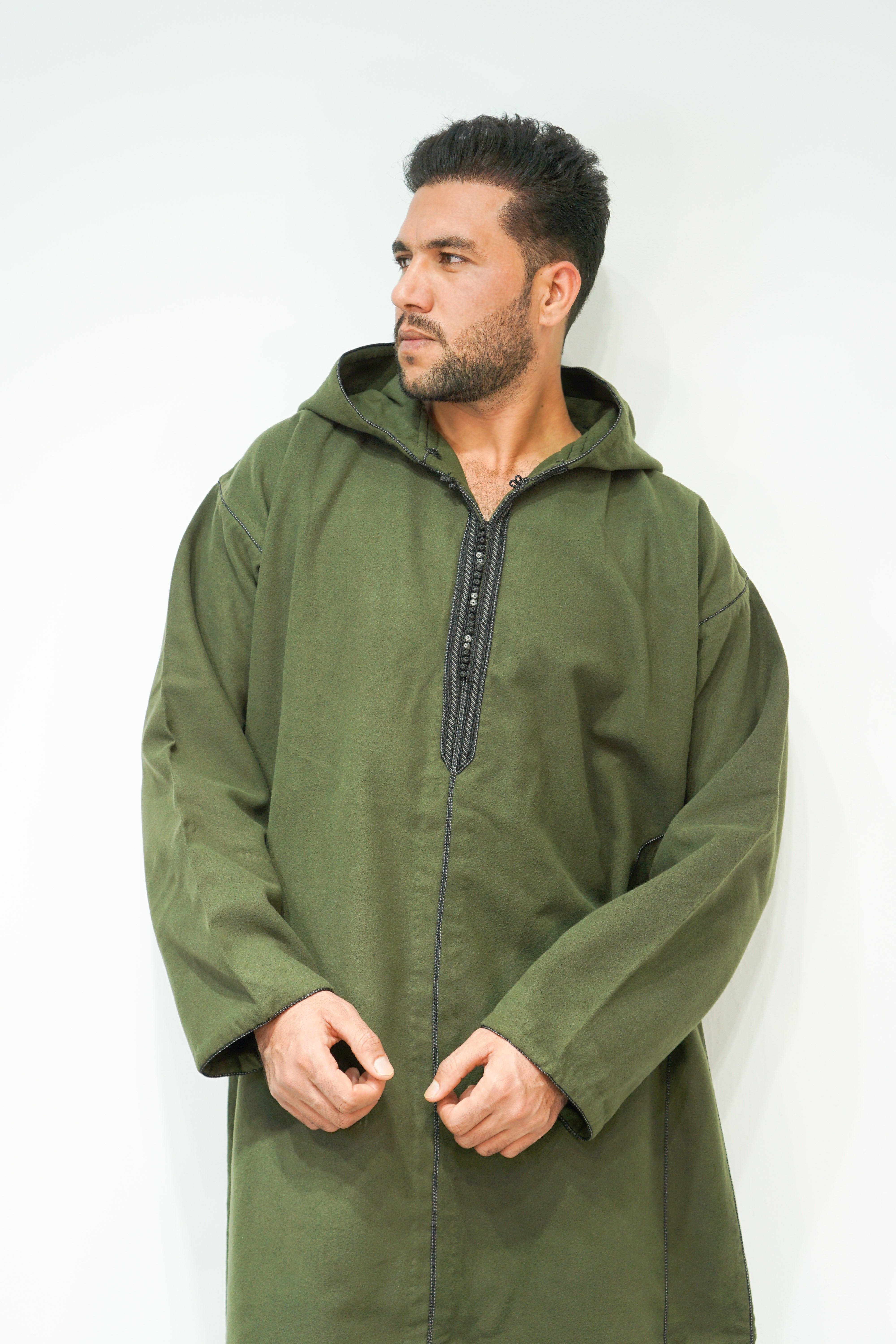 Olive Green Moroccan Woolen Hoodie Winter Thobe - almanaar Islamic Store