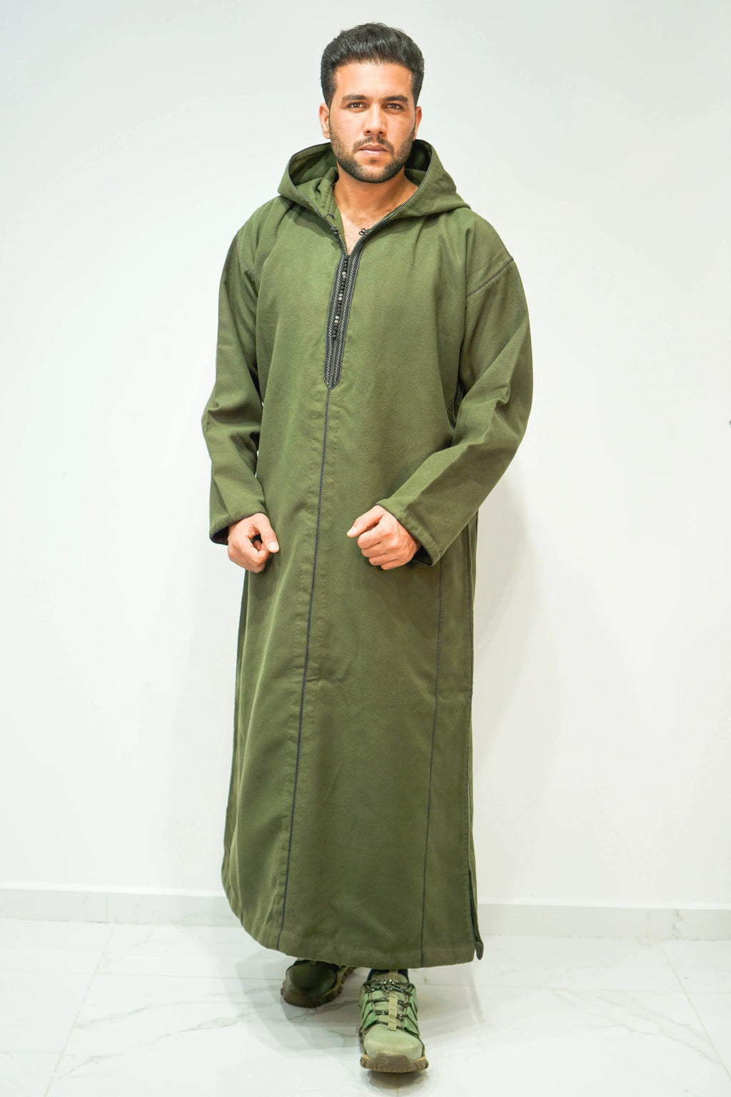 Olive Green Moroccan Woolen Hoodie Winter Thobe - almanaar Islamic Store