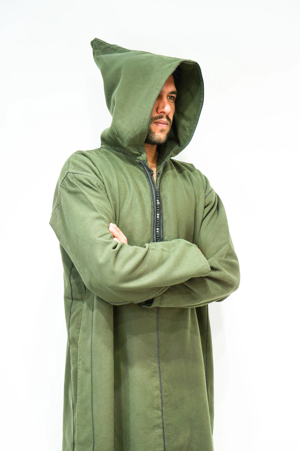 Olive Green Moroccan Woolen Hoodie Winter Thobe - almanaar Islamic Store