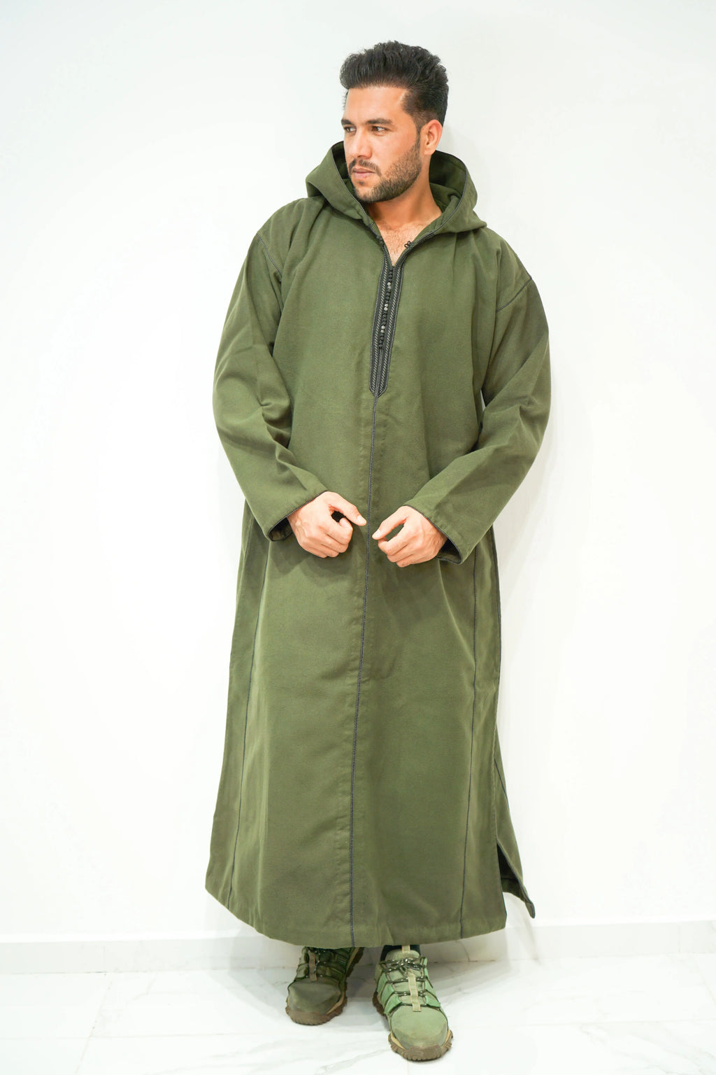 Olive Green Moroccan Woolen Hoodie Winter Thobe - almanaar Islamic Store