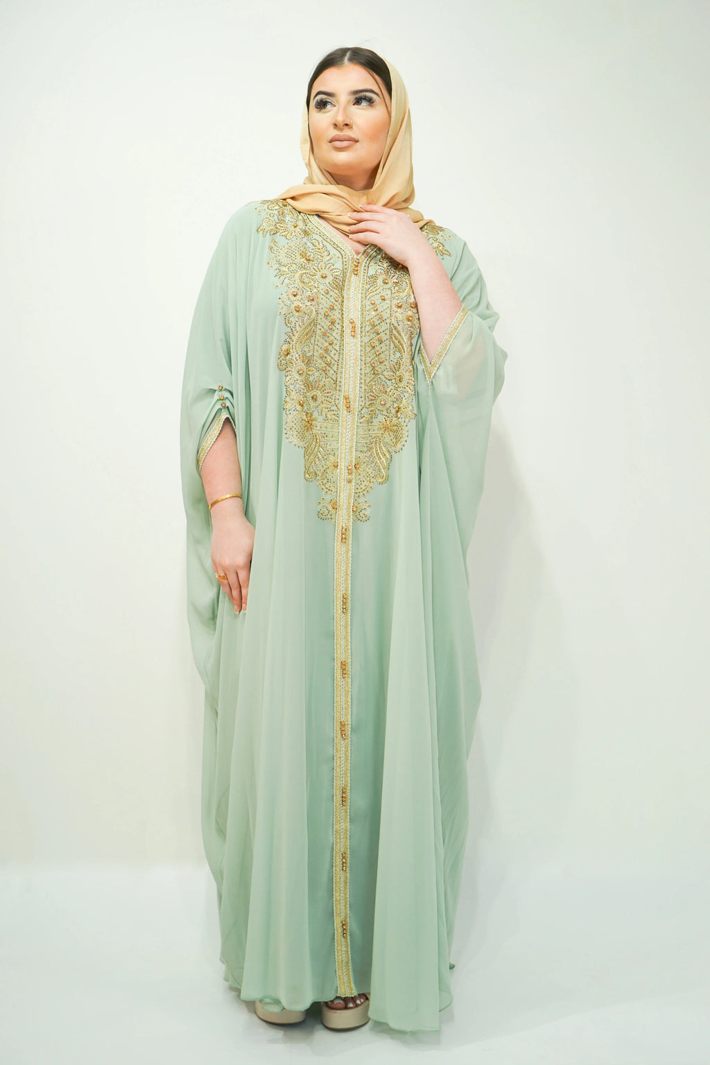 Mint Chiffon Farasha Abaya with Zari and Stone Embellishments - almanaar Islamic Store