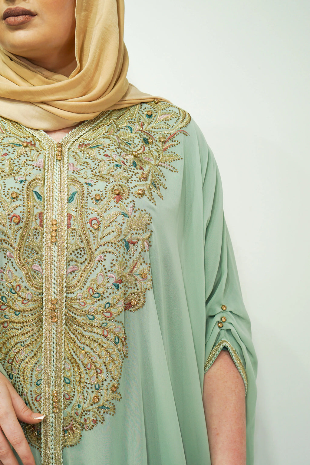 Mint Chiffon Farasha Abaya with Exquisite Embroidery and Stone Accents - almanaar Islamic Store