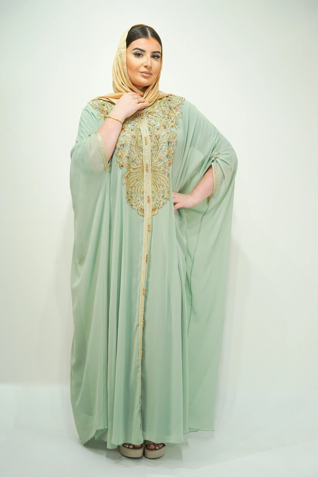 Mint Chiffon Farasha Abaya with Exquisite Embroidery and Stone Accents - almanaar Islamic Store