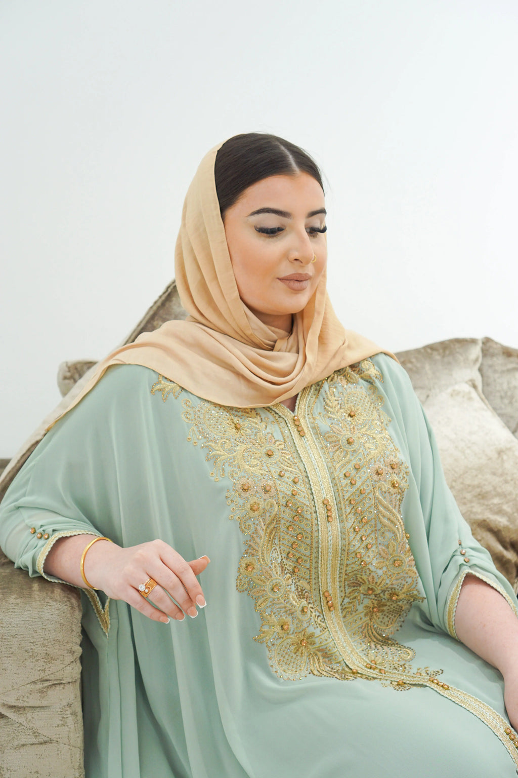 Mint Chiffon Farasha Abaya with Zari and Stone Embellishments - almanaar Islamic Store