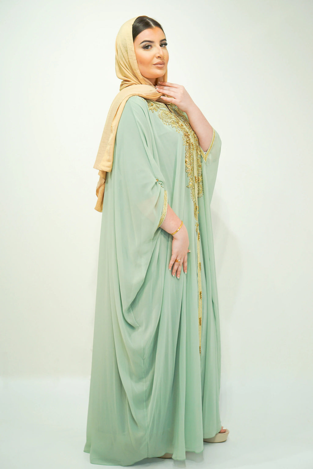 Mint Chiffon Farasha Abaya with Zari and Stone Embellishments - almanaar Islamic Store