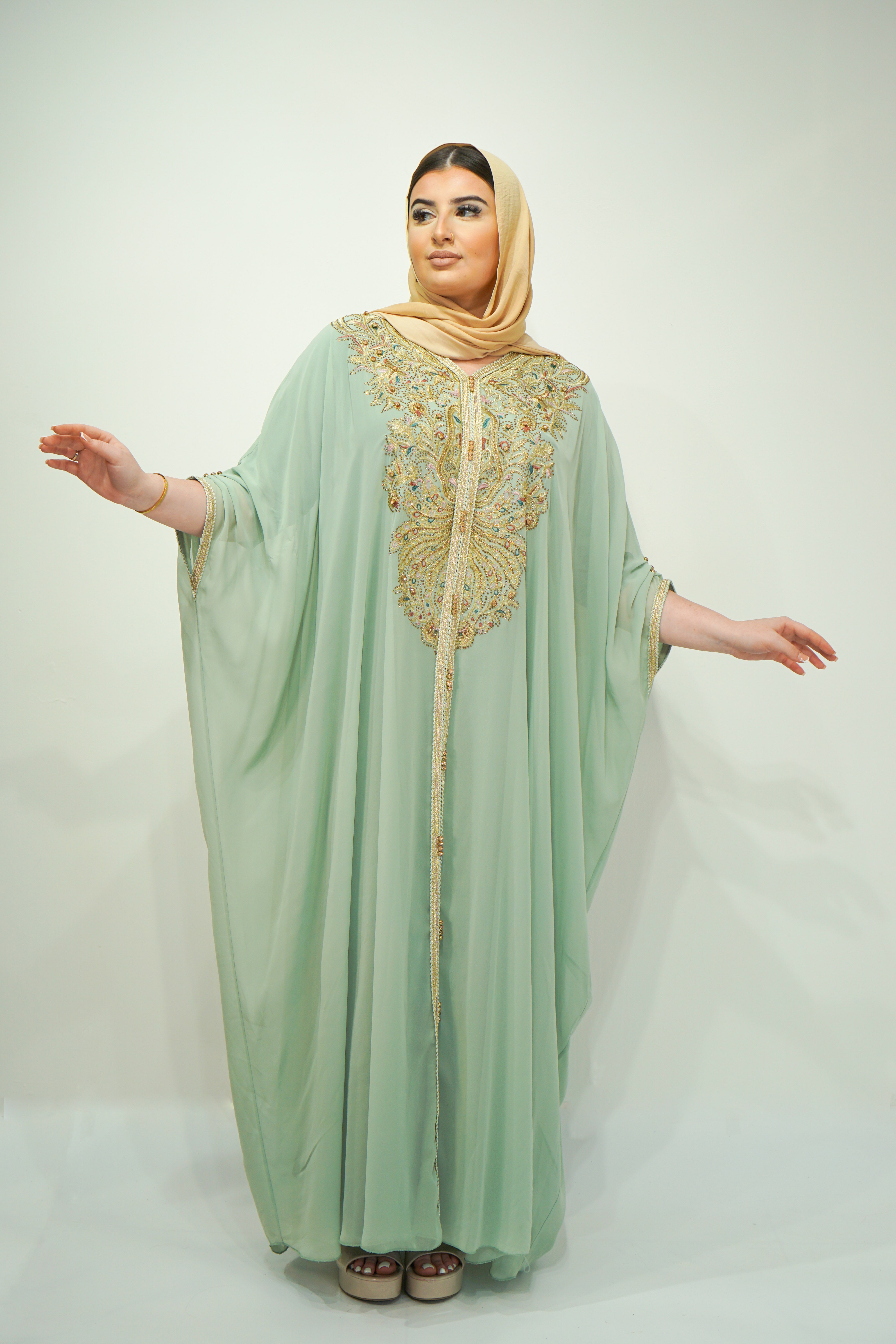 Mint Chiffon Farasha Abaya with Exquisite Embroidery and Stone Accents - almanaar Islamic Store