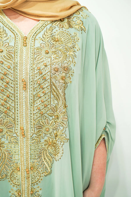 Mint Chiffon Farasha Abaya with Zari and Stone Embellishments - almanaar Islamic Store