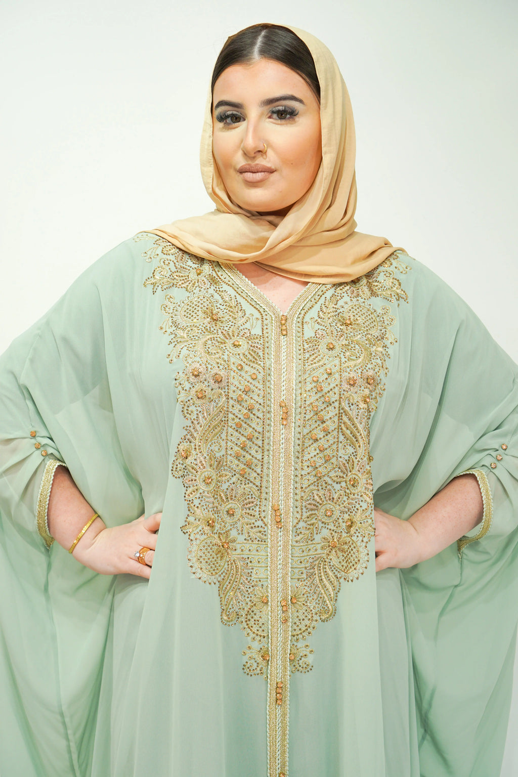 Mint Chiffon Farasha Abaya with Zari and Stone Embellishments - almanaar Islamic Store