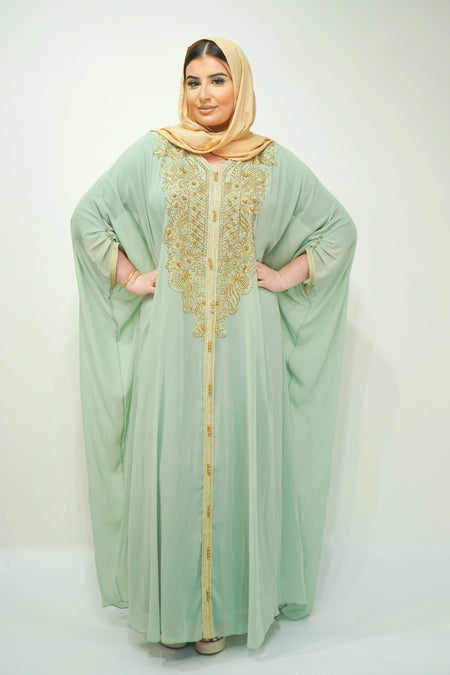 Mint Chiffon Farasha Abaya with Zari and Stone Embellishments - almanaar Islamic Store