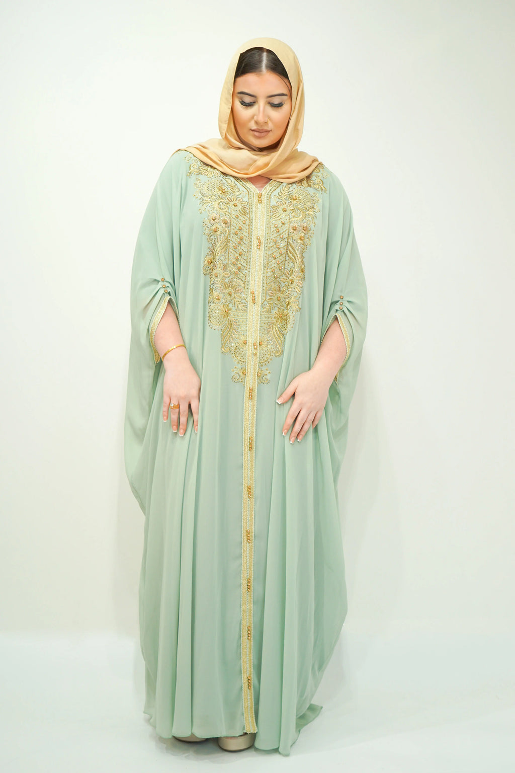 Mint Chiffon Farasha Abaya with Zari and Stone Embellishments - almanaar Islamic Store