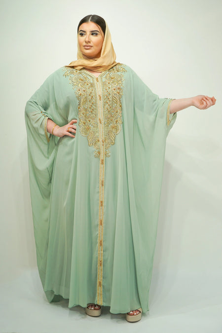 Mint Chiffon Farasha Abaya with Zari and Stone Embellishments - almanaar Islamic Store