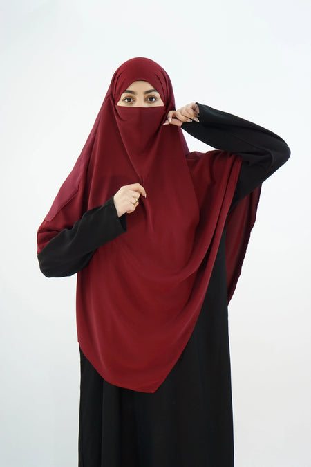 Two-Layer Khimar with Niqab – Modina Silk & Chiffon Maroon almanaar Islamic Store