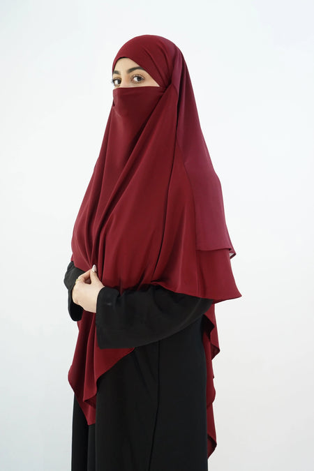 Two-Layer Khimar with Niqab – Modina Silk & Chiffon Maroon almanaar Islamic Store