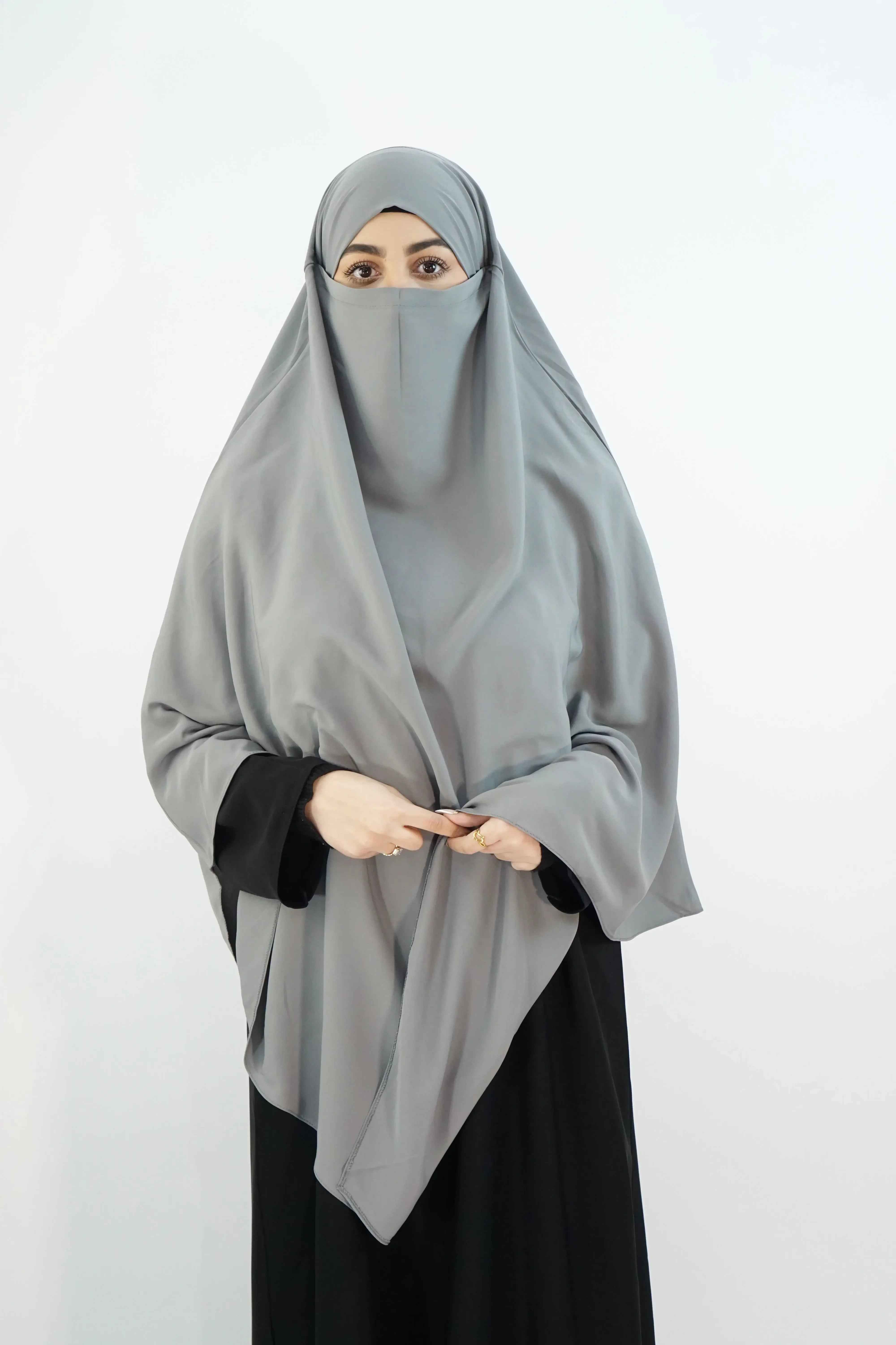 Hurrem Turkish Khimar with Niqab – Modina Silk Grey - almanaar Islamic Store