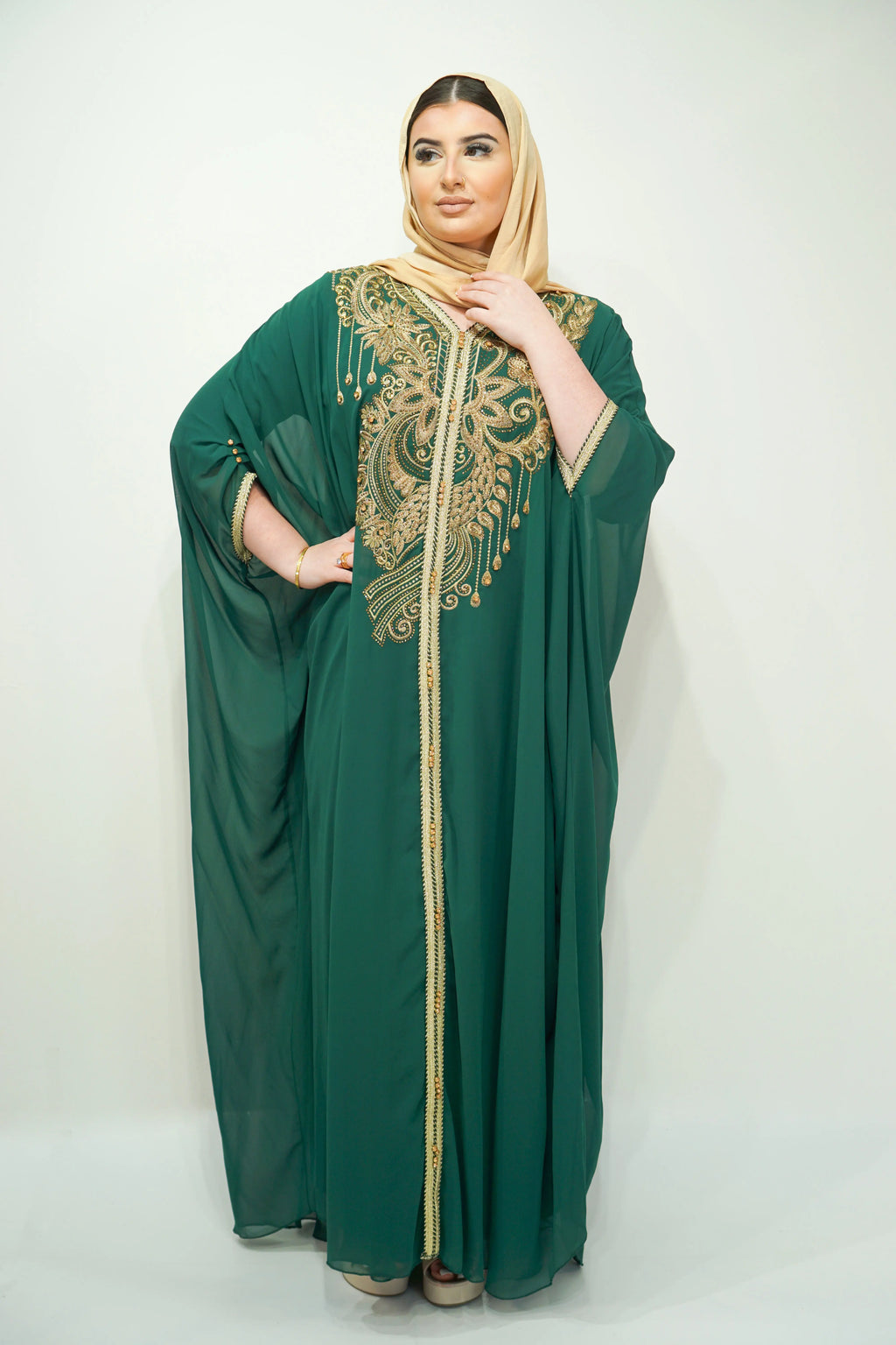 Bottle Green Chiffon Farasha Abaya with Zari and Stone Embellishments - almanaar Islamic Store