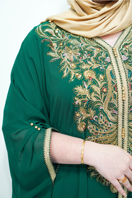 Bottle Green Chiffon Farasha Abaya with Exquisite Embroidery and Stone Accents - almanaar Islamic Store