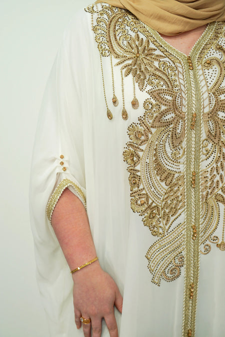 White Chiffon Farasha Abaya with Zari and Stone Embellishments - almanaar Islamic Store