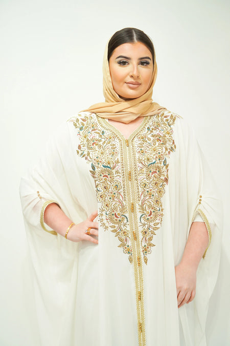 White Chiffon Farasha Abaya with Exquisite Embroidery and Stone Accents - almanaar Islamic Store