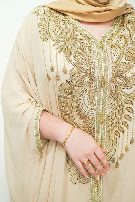 Beige Chiffon Farasha Abaya with Zari and Stone Embellishments - almanaar Islamic Store