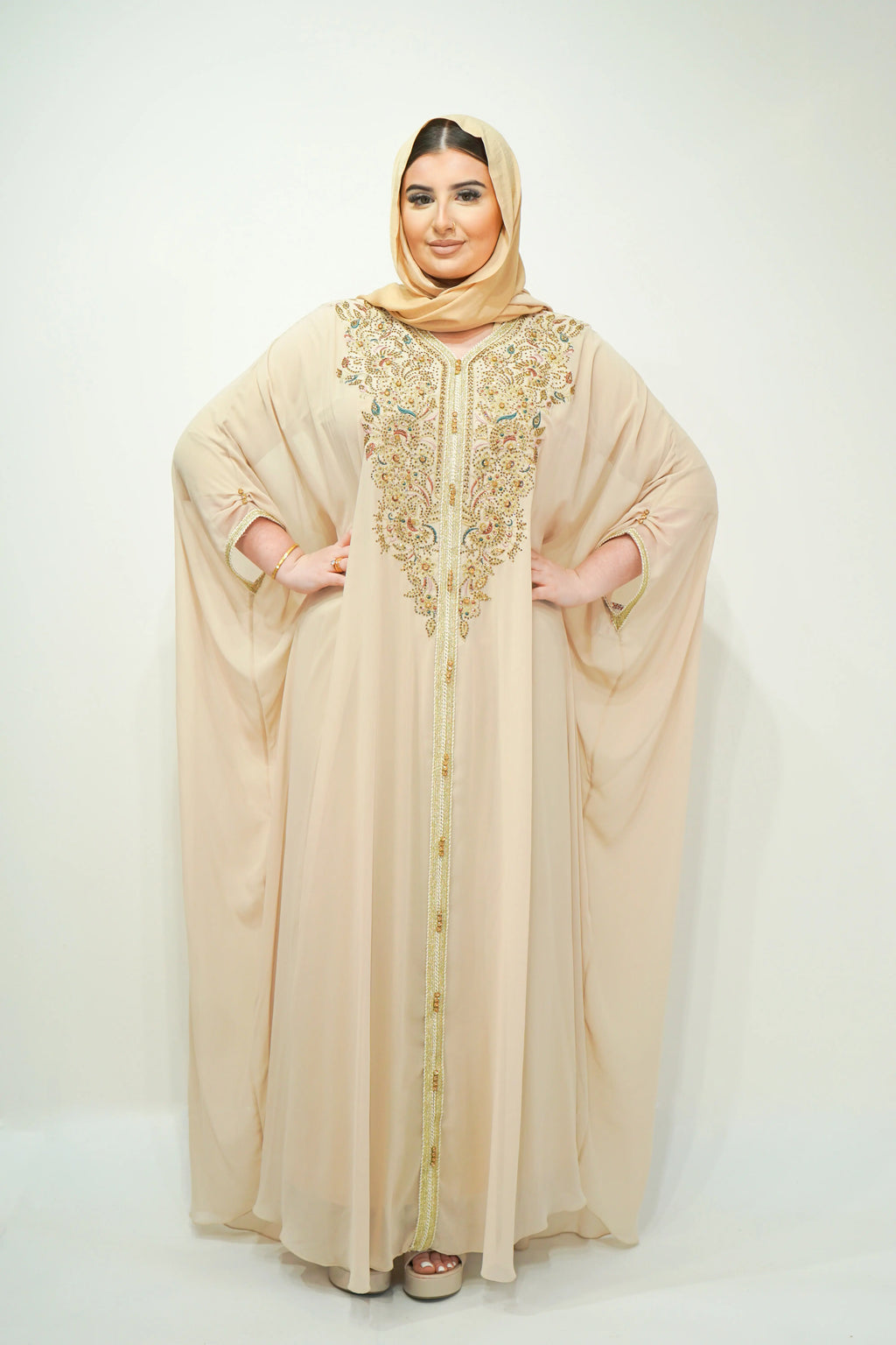 Beige Chiffon Farasha Abaya with Exquisite Embroidery and Stone Accents - almanaar Islamic Store