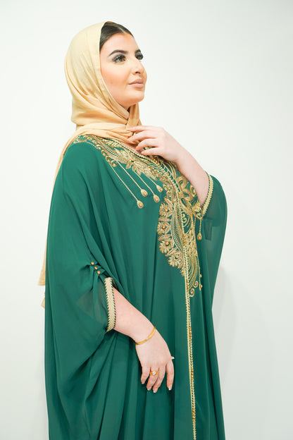 Bottle Green Chiffon Farasha Abaya with Zari and Stone Embellishments