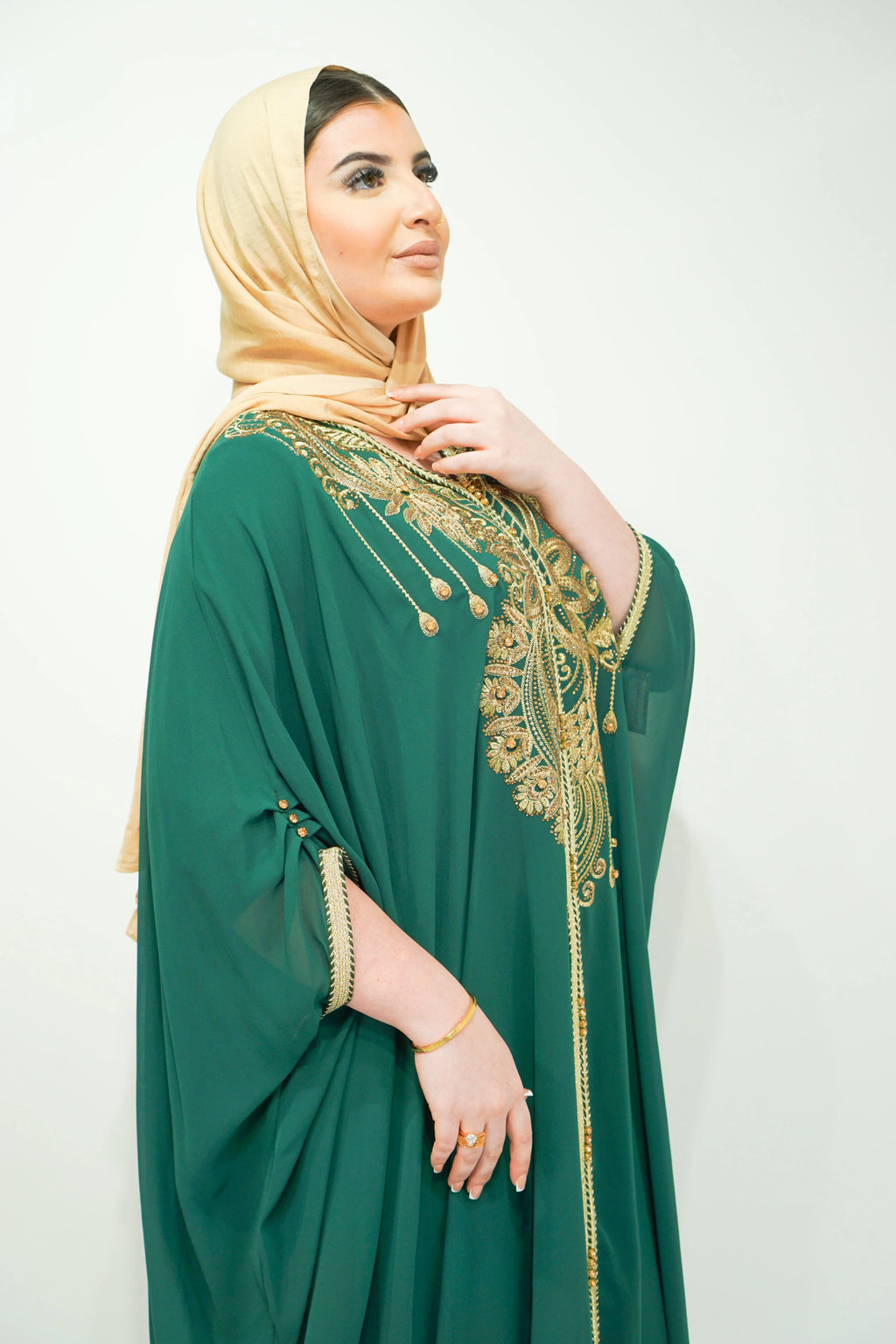 Bottle Green Chiffon Farasha Abaya with Zari and Stone Embellishments - almanaar Islamic Store