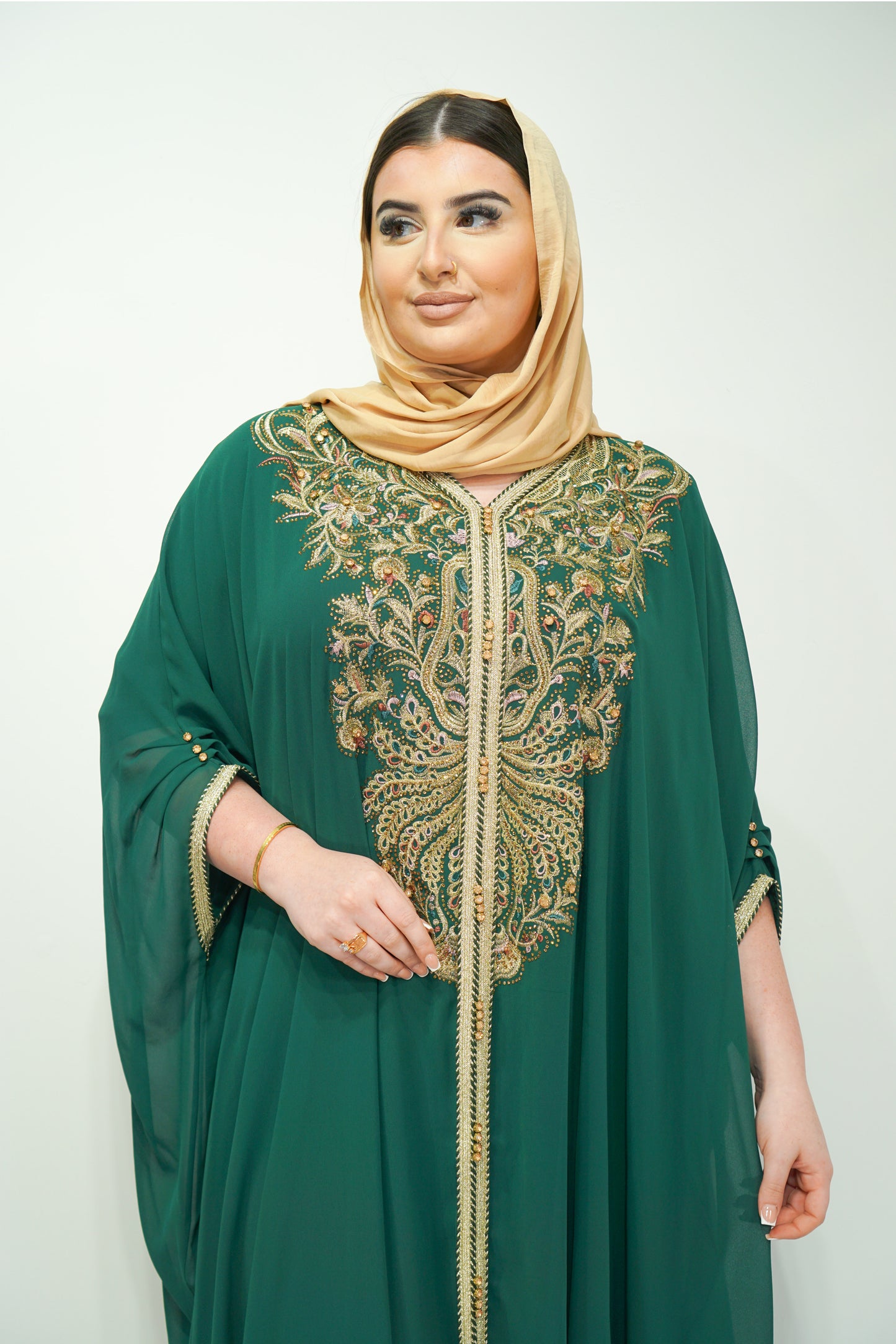 Bottle Green Chiffon Farasha Abaya with Exquisite Embroidery and Stone Accents
