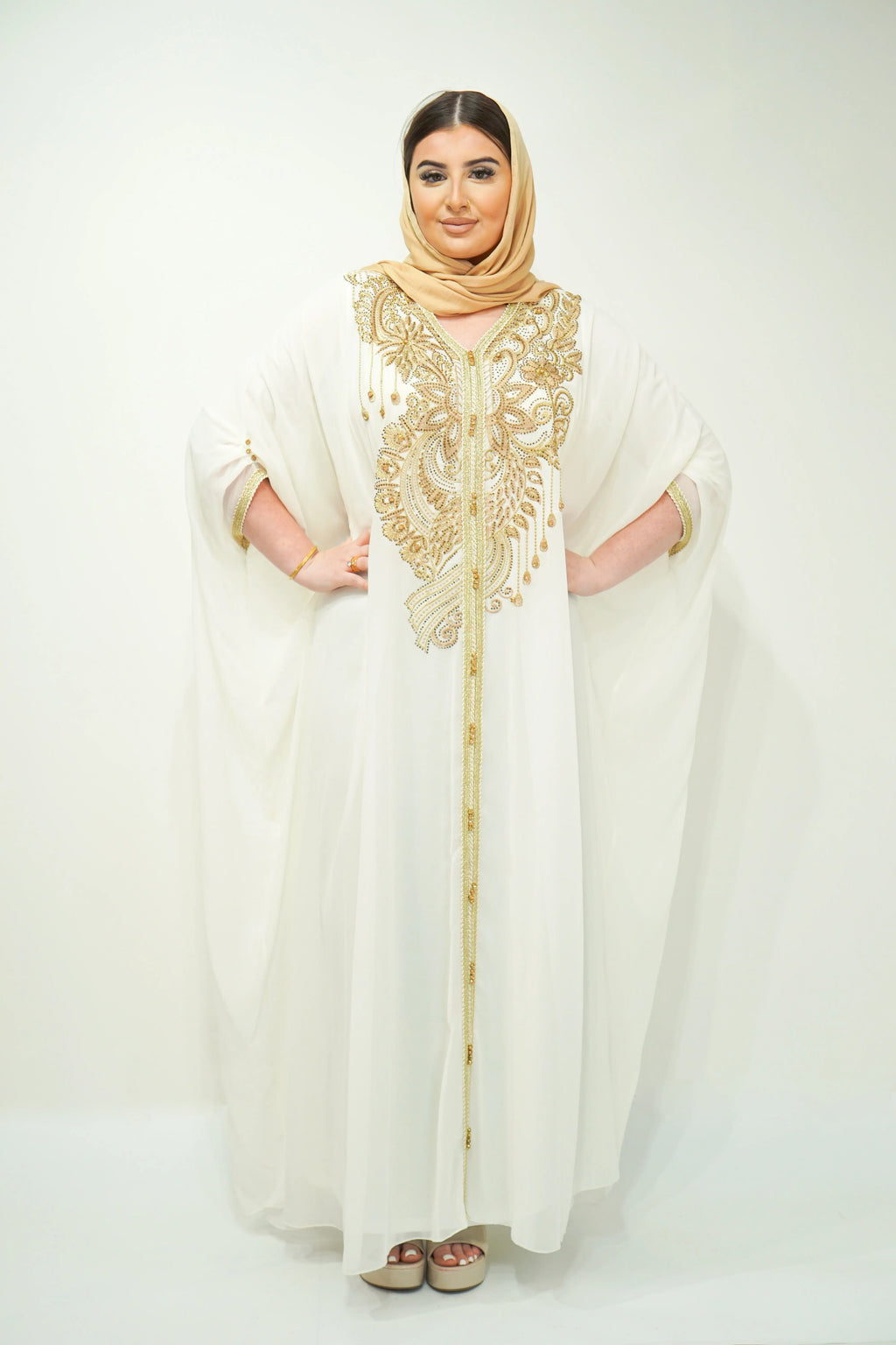 White Chiffon Farasha Abaya with Zari and Stone Embellishments - almanaar Islamic Store