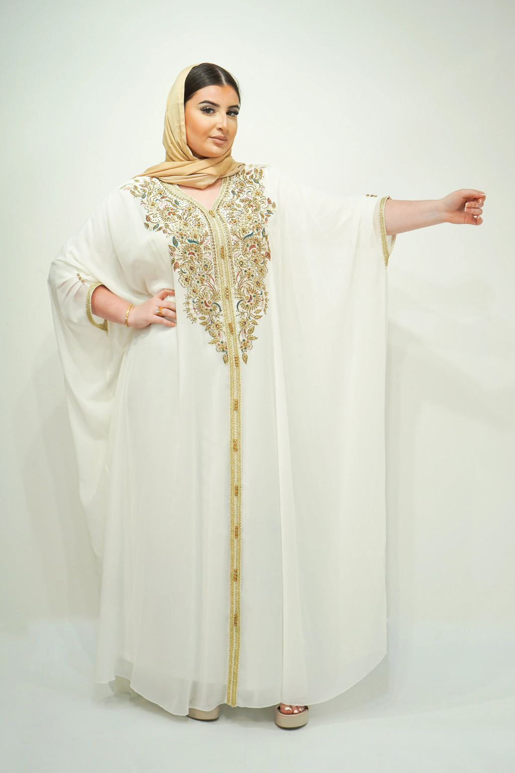 White Chiffon Farasha Abaya with Exquisite Embroidery and Stone Accents - almanaar Islamic Store