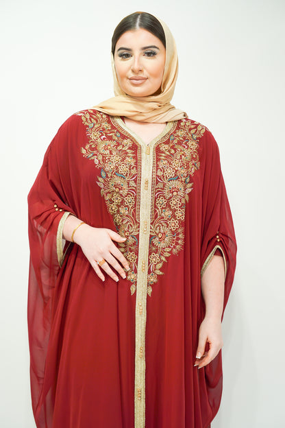 Maroon Chiffon Farasha Abaya with Exquisite Embroidery and Stone Accents