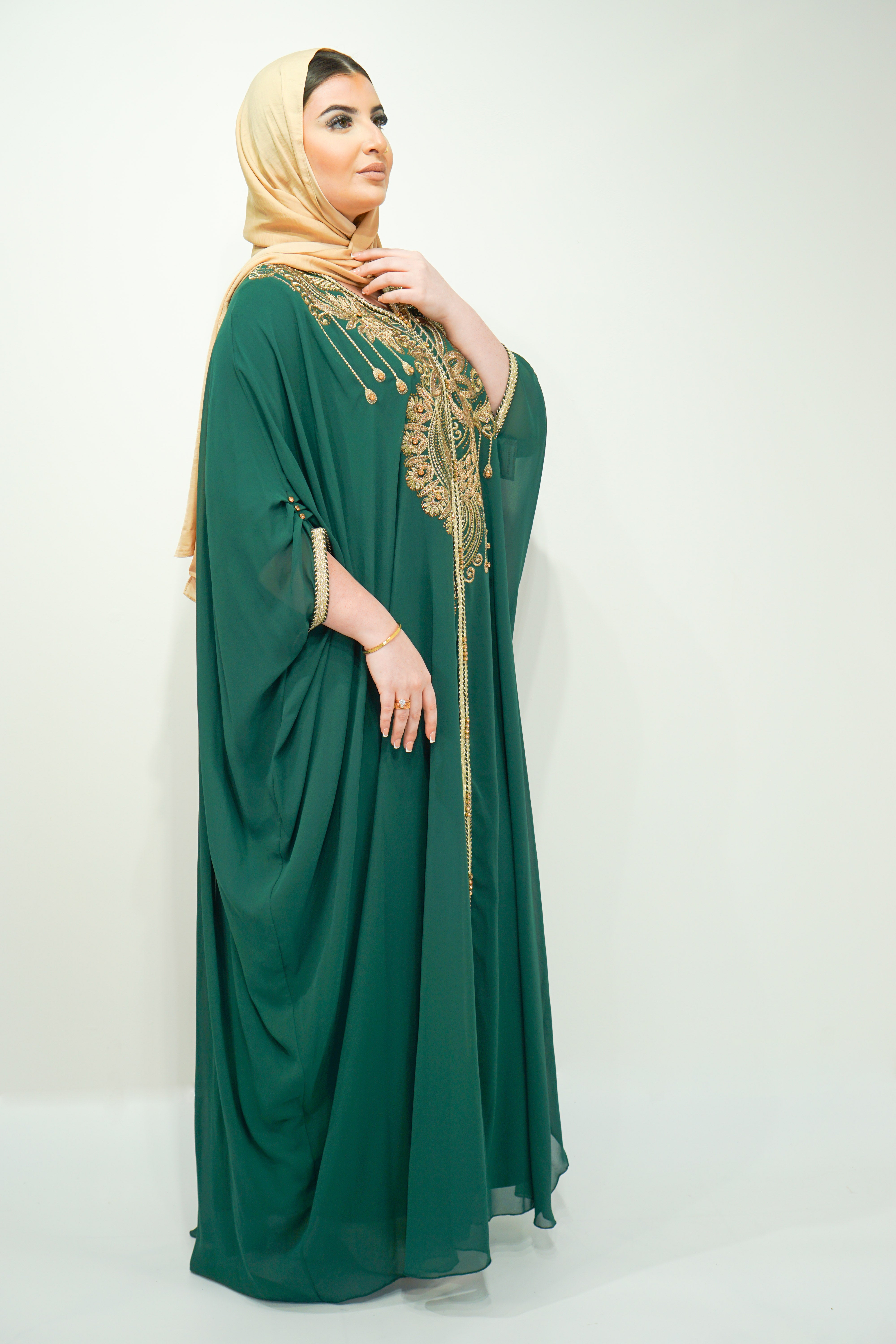 Bottle Green Chiffon Farasha Abaya with Zari and Stone Embellishments - almanaar Islamic Store