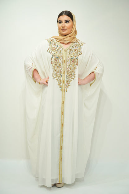 White Chiffon Farasha Abaya with Exquisite Embroidery and Stone Accents