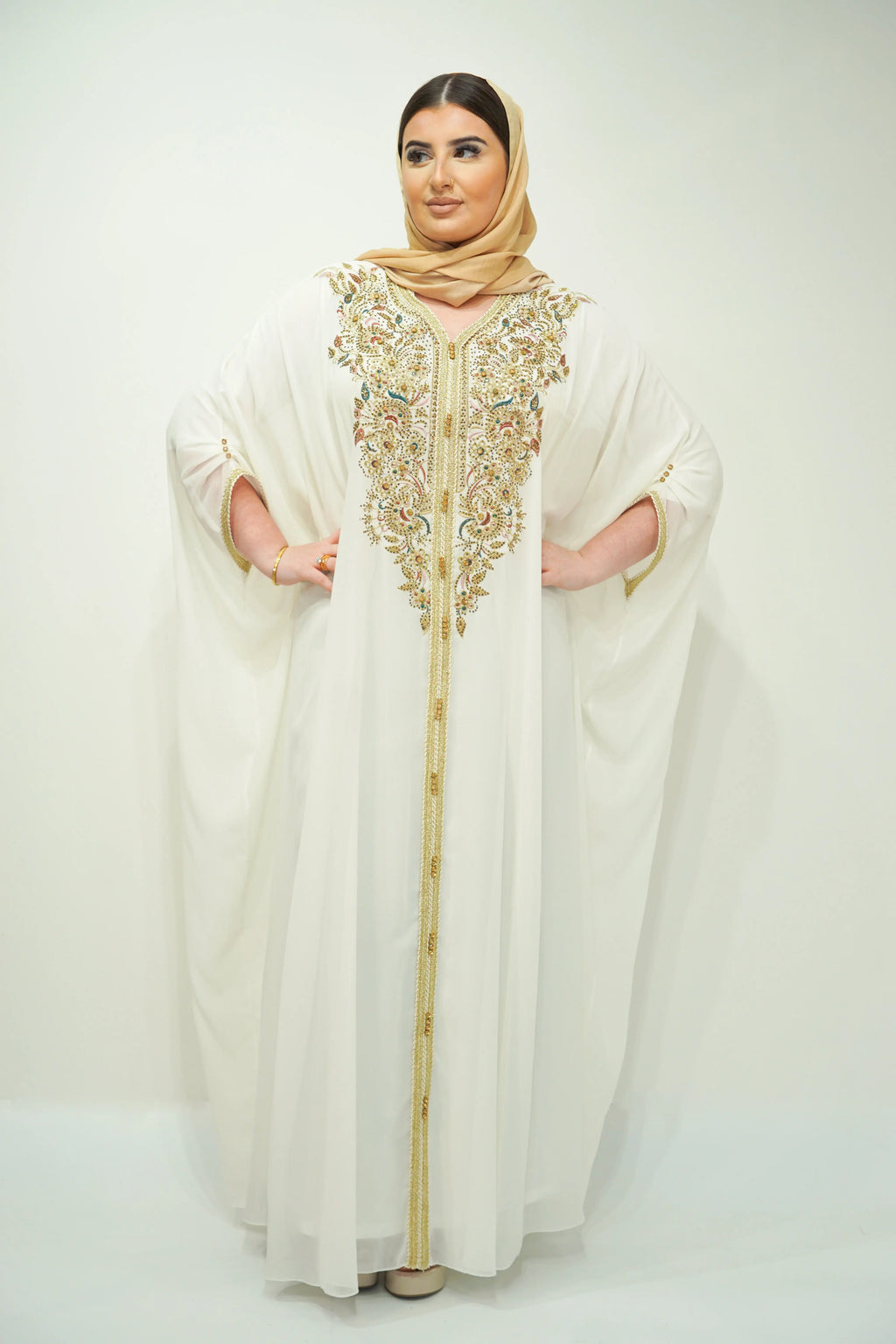 White Chiffon Farasha Abaya with Exquisite Embroidery and Stone Accents - almanaar Islamic Store